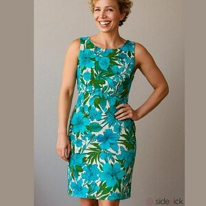 Talbots Plus Floral Sleeveless Dress - Blue and Green Floral Back Zippered 16P